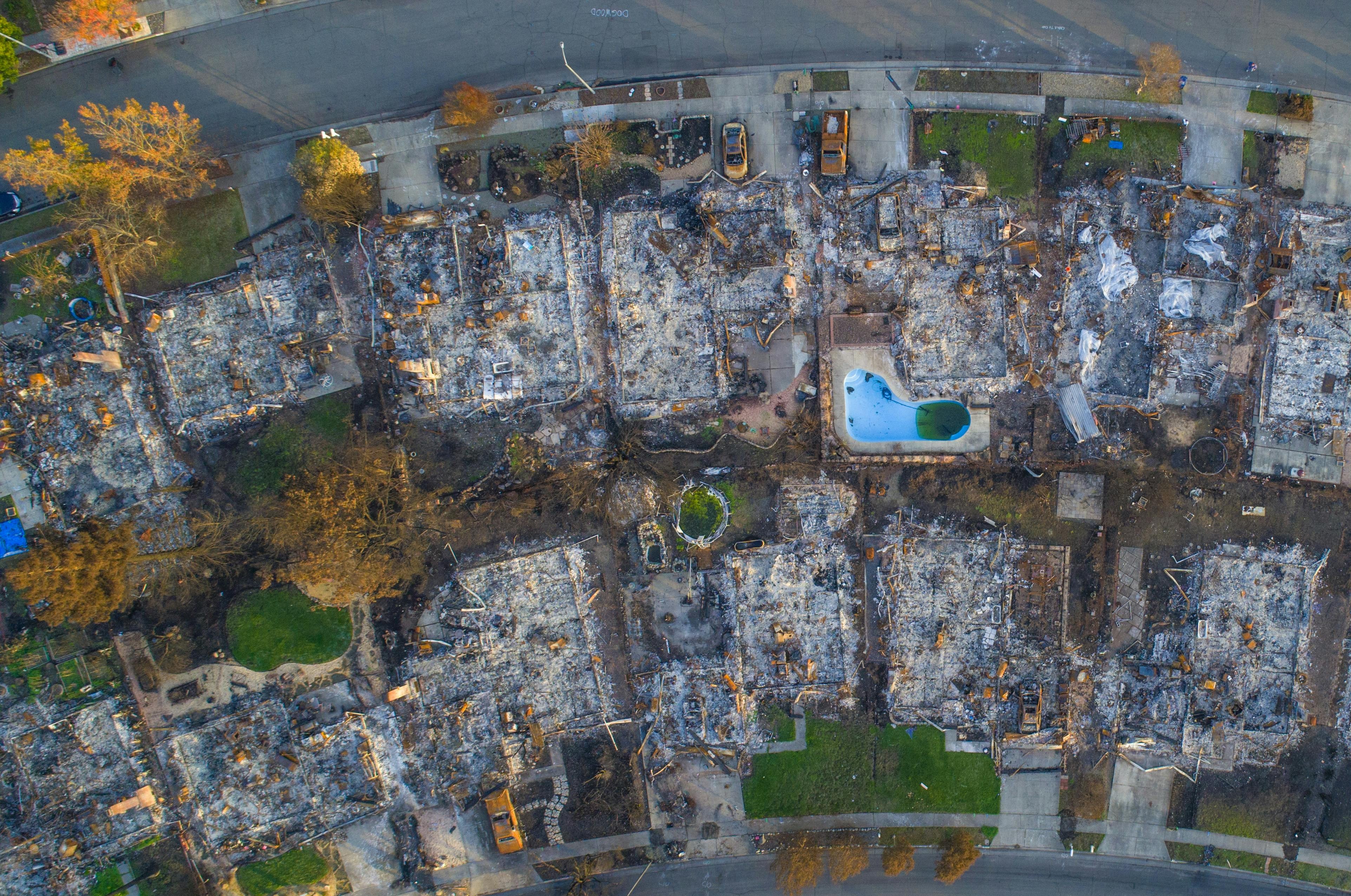 Aerial view of devastated homes with untouched patches of vegetation